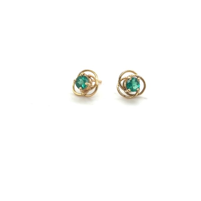 18K yellow gold round emerald love knot stud earrings, approx. 0.35 CTW, three-loop polished love knot surround, prong-set center stones, friction post butterfly backs, 1970s
