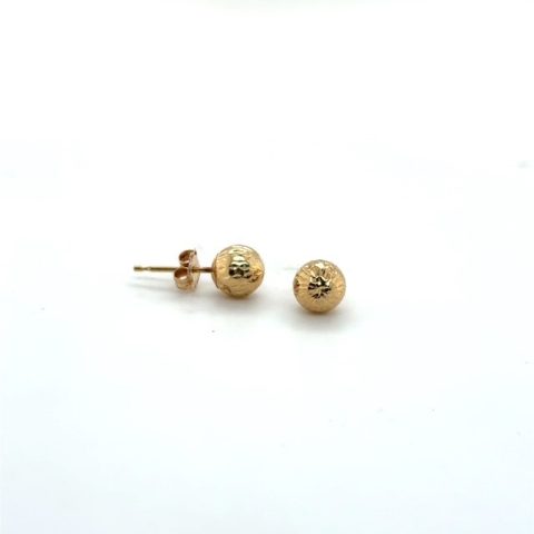 14K yellow gold hollow diamond-cut textured ball stud earrings, 5.75mm diameter, friction post butterfly backs, contemporary