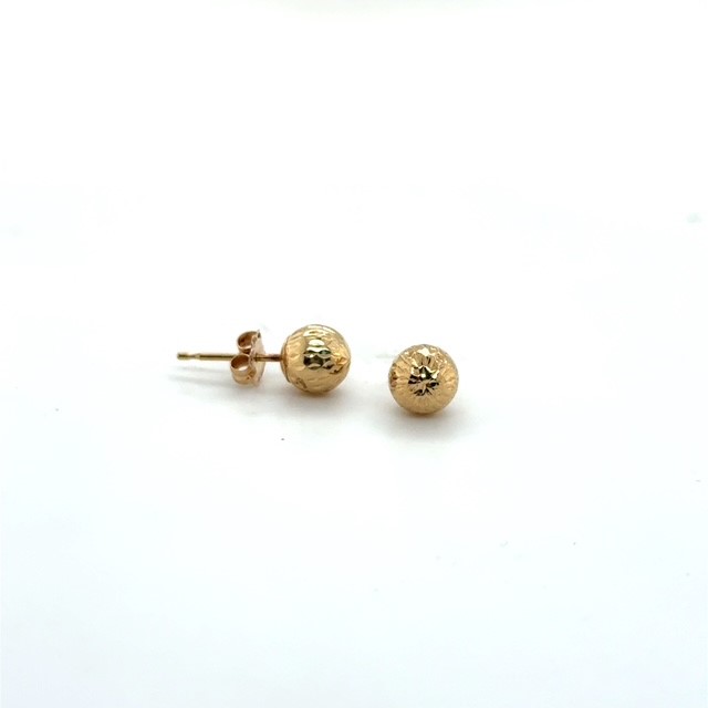 14K yellow gold hollow diamond-cut textured ball stud earrings, 5.75mm diameter, friction post butterfly backs, contemporary
