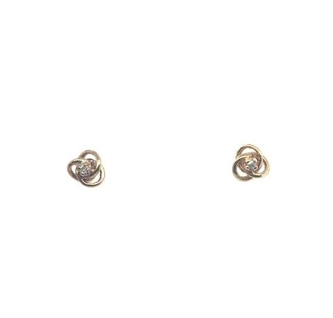 14K yellow gold single-cut diamond love knot stud earrings, 0.02 CTW diamond centers, three-loop polished love knot form, post backs, Edwardian, early 1900s