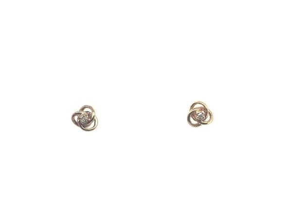 14K yellow gold single-cut diamond love knot stud earrings, 0.02 CTW diamond centers, three-loop polished love knot form, post backs, Edwardian, early 1900s
