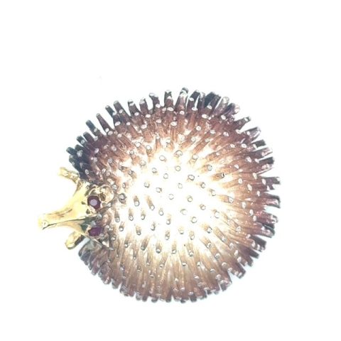14K yellow gold and sterling silver ruby hedgehog figural brooch by Imperial Enterprise, yellow gold head with ruby eye accents, dense radiating sterling silver quill body, pin back, 12.63 grams, 1960's