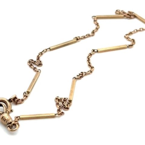 9K rose gold bar and cable link watch chain, alternating rectangular bar links and fine cable link sections, swivel clasp, 13½" length, 4.97 grams, Art Deco