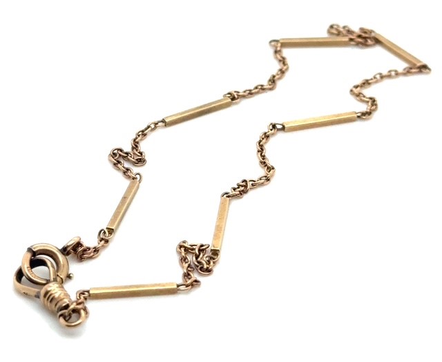 9K rose gold bar and cable link watch chain, alternating rectangular bar links and fine cable link sections, swivel clasp, 13½" length, 4.97 grams, Art Deco