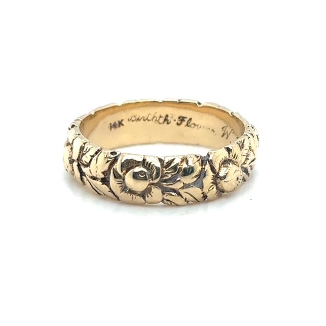 14K yellow gold Victorian flower garland eternity band, continuous repousse rose and leaf exterior, interior dedication inscription dated 5-21-1900, size 6.75, 7.5mm wide, 5.06 grams