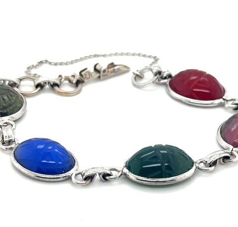 Sterling silver Egyptian Revival scarab bracelet with five carved multi-color cabochons in oval bezels, 7 inches