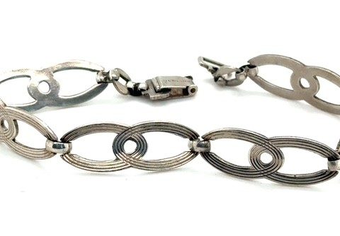 Sterling silver concentric line link bracelet, Art Deco, 7.5 inches