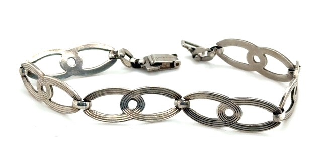 Sterling silver concentric line link bracelet, Art Deco, 7.5 inches