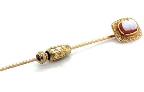 14K yellow gold carnelian shell cameo stick pin, Victorian