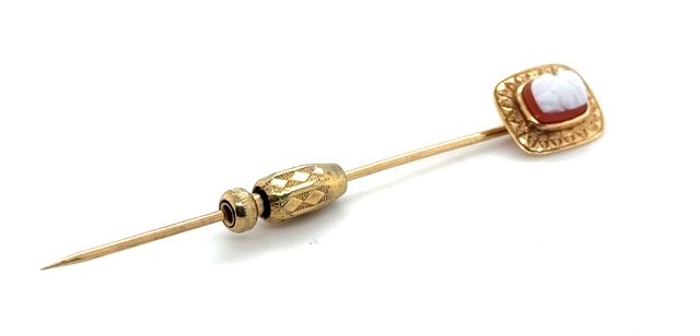 14K yellow gold carnelian shell cameo stick pin, Victorian