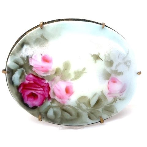 Brass hand-painted porcelain rose brooch, Art Deco
