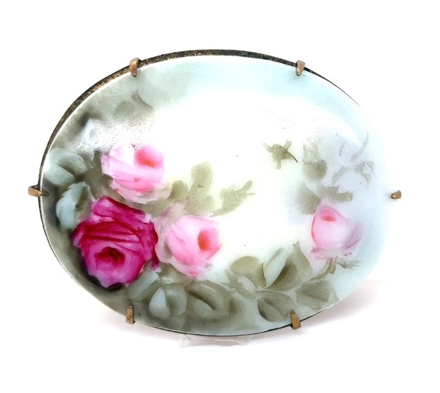 Brass hand-painted porcelain rose brooch, Art Deco