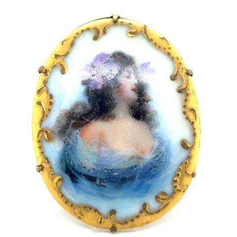Base metal hand-painted porcelain portrait sash pin, Victorian
