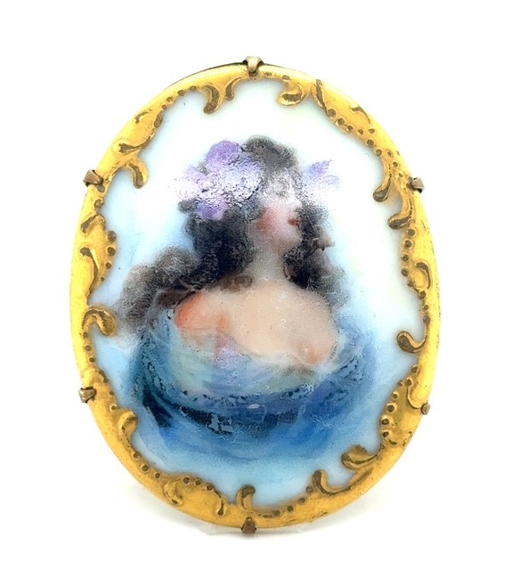Base metal hand-painted porcelain portrait sash pin, Victorian