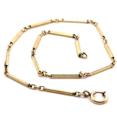 14K yellow gold fancy bar-link chain with 9K yellow gold spring-ring clasp, milgrain-edged rectangular bar links with faceted rolo connectors, 13", 6.7 grams, late Victorian