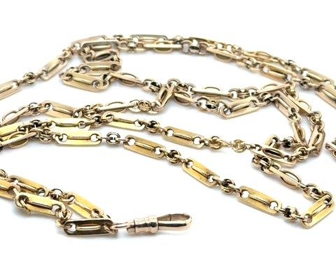 14K yellow gold fancy bar and rolo link watch chain, 34" length, dog-clip swivel clasp, high-polish finish, 30.6 grams, late Victorian circa 1890s