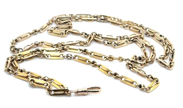 14K yellow gold fancy bar and rolo link watch chain, 34" length, dog-clip swivel clasp, high-polish finish, 30.6 grams, late Victorian circa 1890s