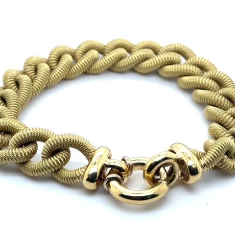 18K yellow gold mesh cable curb link bracelet, tightly coiled rope-mesh tubing links, high-polish ring-form push-through clasp, 8" length, 42.6 grams, circa 2000s