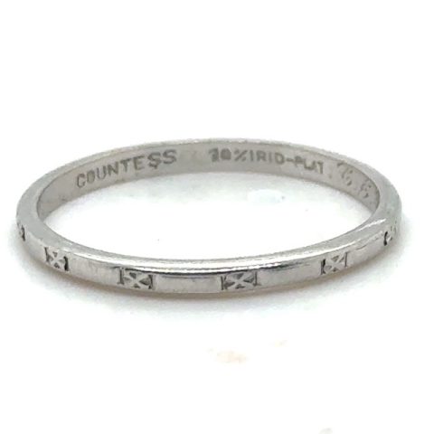 Platinum Countess X-pattern wedding band, 10% iridium-platinum, repeating X-motif exterior engraving, interior dedication inscription dated 7-5-41, size 6.75, 1.72mm wide, 2.1 grams, Retro 1941