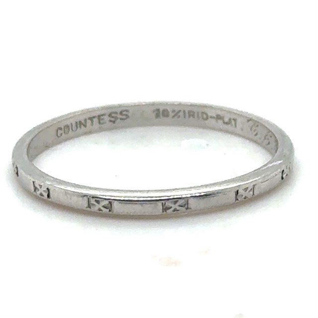 Platinum Countess X-pattern wedding band, 10% iridium-platinum, repeating X-motif exterior engraving, interior dedication inscription dated 7-5-41, size 6.75, 1.72mm wide, 2.1 grams, Retro 1941
