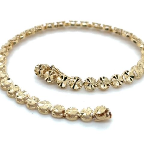 14K yellow gold diamond-cut disc link bracelet by Beverly Hills Gold, uniform starburst-faceted round disc links, box clasp, 8.25" length, 7.5 grams, contemporary