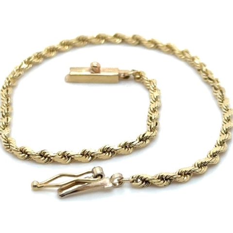 14K yellow gold rope chain bracelet, 2.5mm wide, 7.25" length, diamond-cut twist finish, barrel clasp with safety tab, 4.2 grams