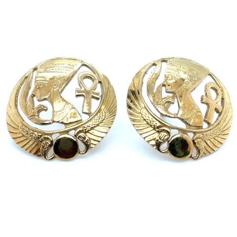 14K yellow gold Egyptian Revival Nefertiti and scarab disc clip-back earrings, open-work relief design with ankh symbol, polished gold ball base terminals, high-polish finish, 7.7 grams, 2000s