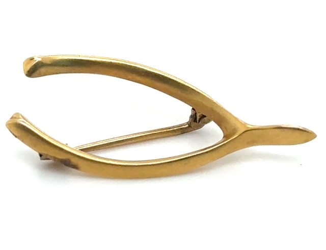 10K yellow gold figural wishbone brooch, satin finish, pin back with safety catch, Edwardian era good luck sweetheart token, early 20th century