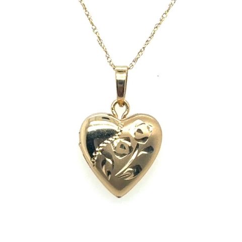 14K yellow gold engraved floral heart locket pendant, rose and vine motif front face, engraveable reverse, hinged construction, polished bail, 0.8 grams, circa 1980s, chain not included