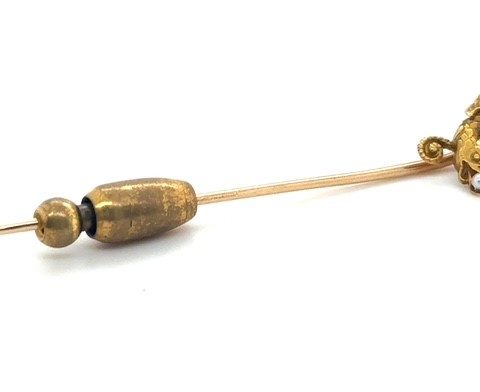 14K yellow gold mythical winged creature and seed pearl Victorian stick pin, sculpted dragon or griffin head motif, single seed pearl accent, barrel safety slide, 1.3 grams