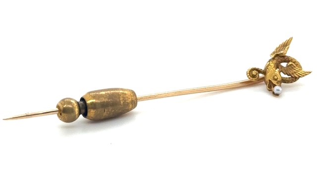 14K yellow gold mythical winged creature and seed pearl Victorian stick pin, sculpted dragon or griffin head motif, single seed pearl accent, barrel safety slide, 1.3 grams
