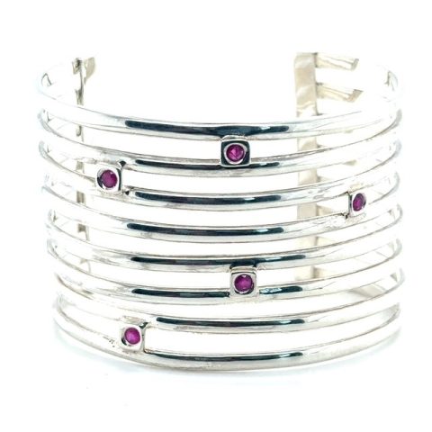 Sterling silver multi-row cuff bracelet with bezel-set round rubies, signed Elle