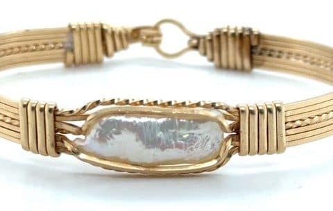 Yellow gold vermeil hand wrapped baroque freshwater pearl bracelet