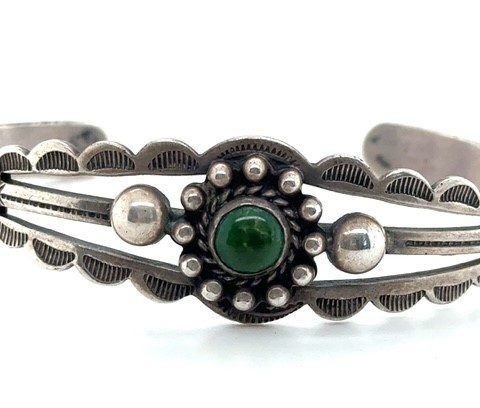 Sterling silver Navajo green turquoise cuff bracelet, 1920s-1940s, 6 inch