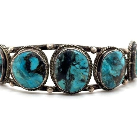 Sterling silver vintage Navajo style five stone turquoise cuff bracelet, 1960s-1970s