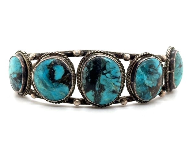 Sterling silver vintage Navajo style five stone turquoise cuff bracelet, 1960s-1970s