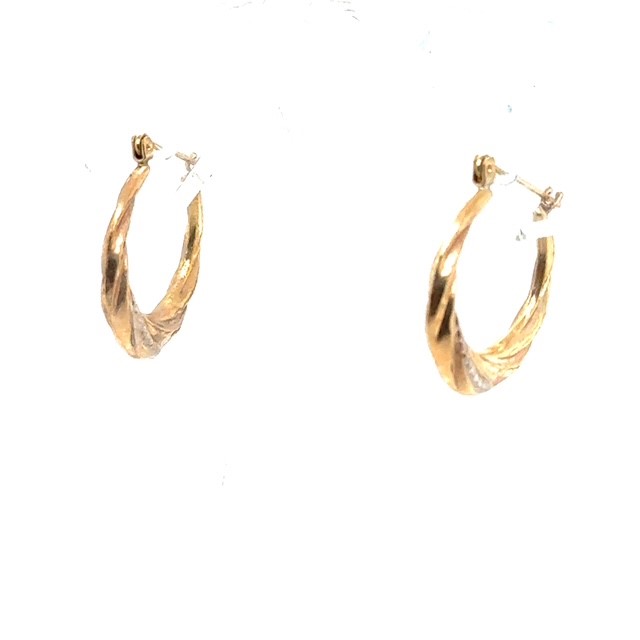 14K two-tone gold swirl and bead-texture hoop earrings, alternating polished yellow gold and beaded white gold detailing, twisted swirl profile, hinged snap-back closure, approx. ⅞" long, 1.3 grams, contemporary