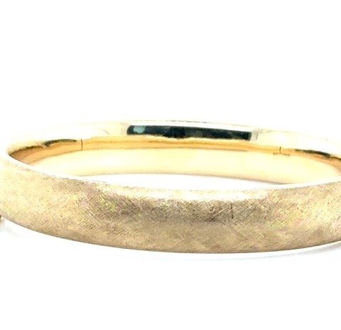 14K yellow gold satin finish hinged bangle bracelet, ⁷⁄₁₆" wide, box hinge with safety clasp, 24.3 grams, circa 1980s