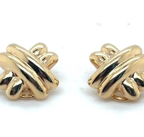 14K yellow gold puffy X-form double-strand crossover earrings, high-polish convex finish, omega backs, 3.3 grams, circa 1980s–1990s