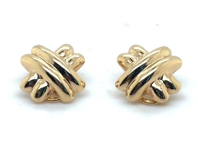 14K yellow gold puffy X-form double-strand crossover earrings, high-polish convex finish, omega backs, 3.3 grams, circa 1980s–1990s