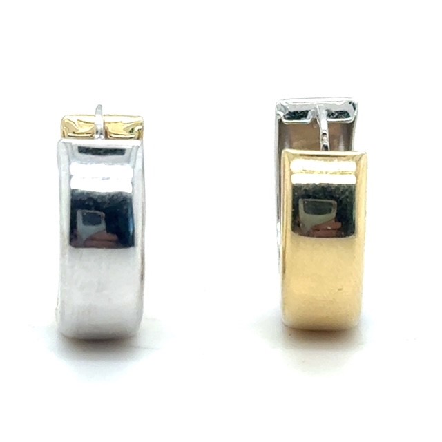 14K two-tone gold reversible huggie hoop earrings, high-polish yellow gold and white gold faces, 17.36mm x 5.83mm, hinged snap-back closure, 3.6 grams, contemporary
