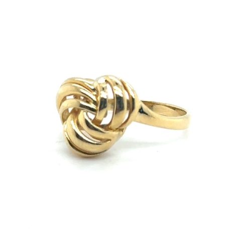 18K yellow gold love knot ring, three-strand pinwheel knot head, high-polish convex ribbon strands, tapered shank, size 6, 4.3 grams