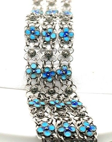 Sterling silver blue enamel daisy chain bracelet from Greece, 7.25 inches