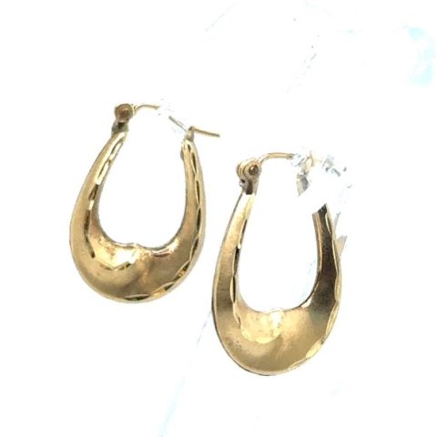 14K yellow gold ocean wave tapered teardrop hoop earrings, high-polish finish, hinged snap-back closure, approx. 1" x ⅝", 1.6 grams, contemporary