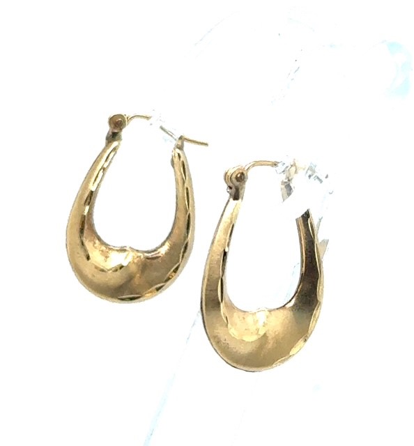 14K yellow gold ocean wave tapered teardrop hoop earrings, high-polish finish, hinged snap-back closure, approx. 1" x ⅝", 1.6 grams, contemporary