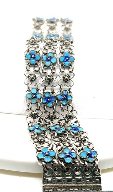 Sterling silver blue enamel daisy chain bracelet from Greece, 7.25 inches