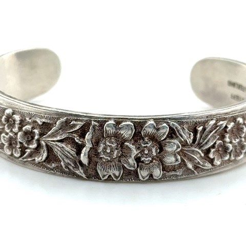 Sterling silver Stieff Baltimore Repousse forget-me-not cuff bracelet, 1940-1970s