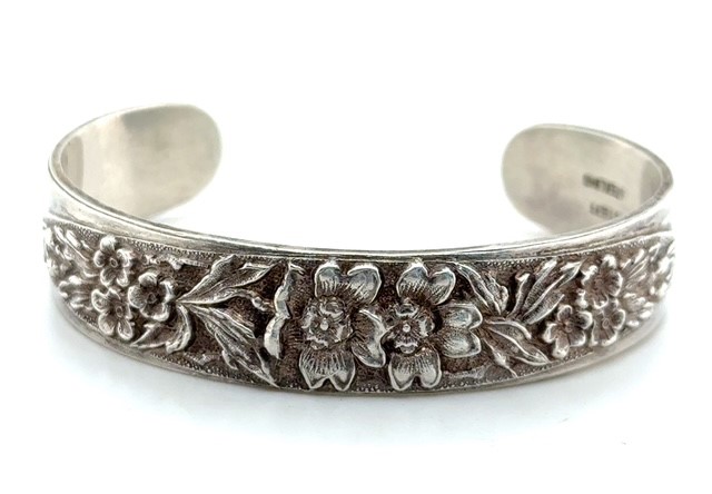 Sterling silver Stieff Baltimore Repousse forget-me-not cuff bracelet, 1940-1970s