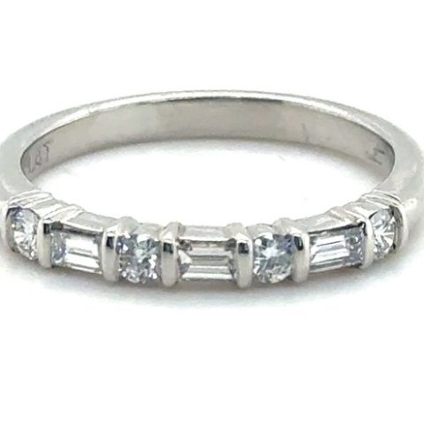 Platinum bar-set straight baguette and round diamond wedding band, 1950s