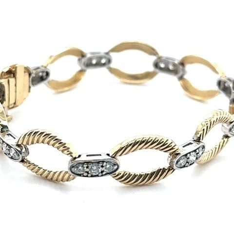 14K two-tone gold diamond cable link bracelet, 1.26 CTW, contemporary